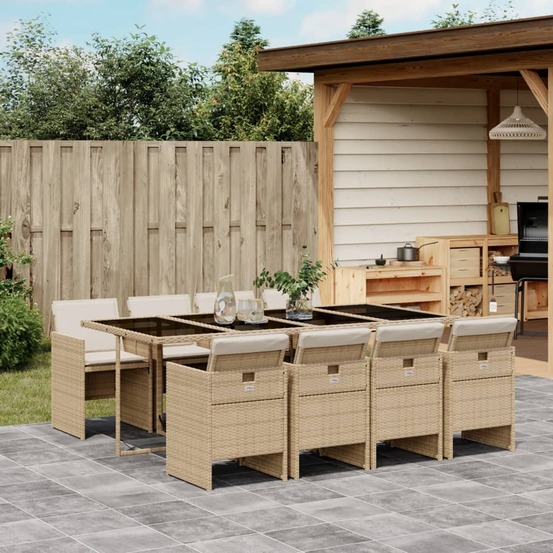 Ensemble à manger de jardin et coussins 9 pcs beige poly rotin