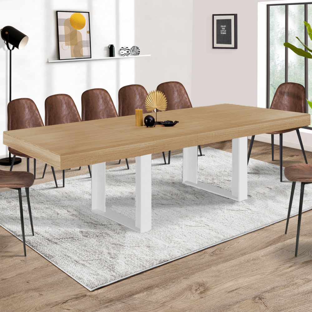 Table à manger extensible rectangle phoenix 6-12 personnes bois et blanc 200-300 cm