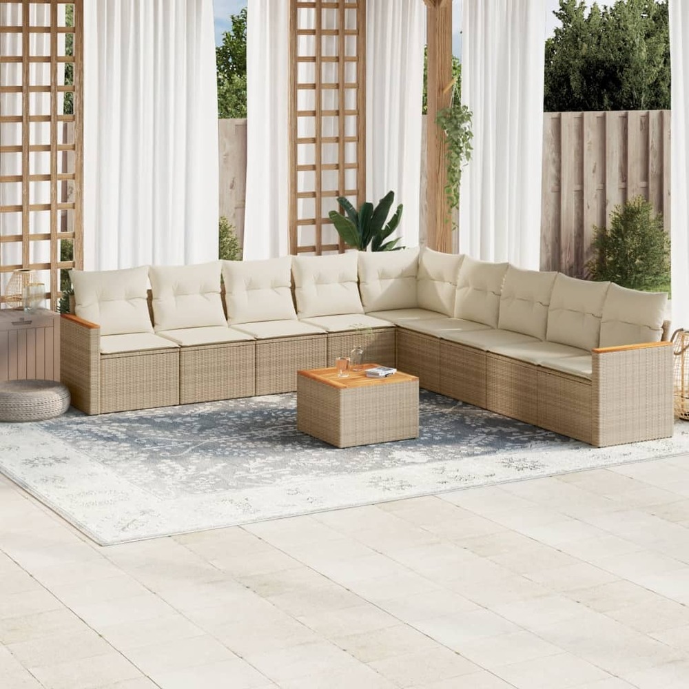 Salon de jardin avec coussins 10 pcs beige résine tressée