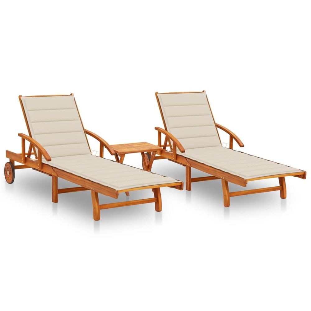 Chaises longues lot de 2 avec table et coussins acacia solide