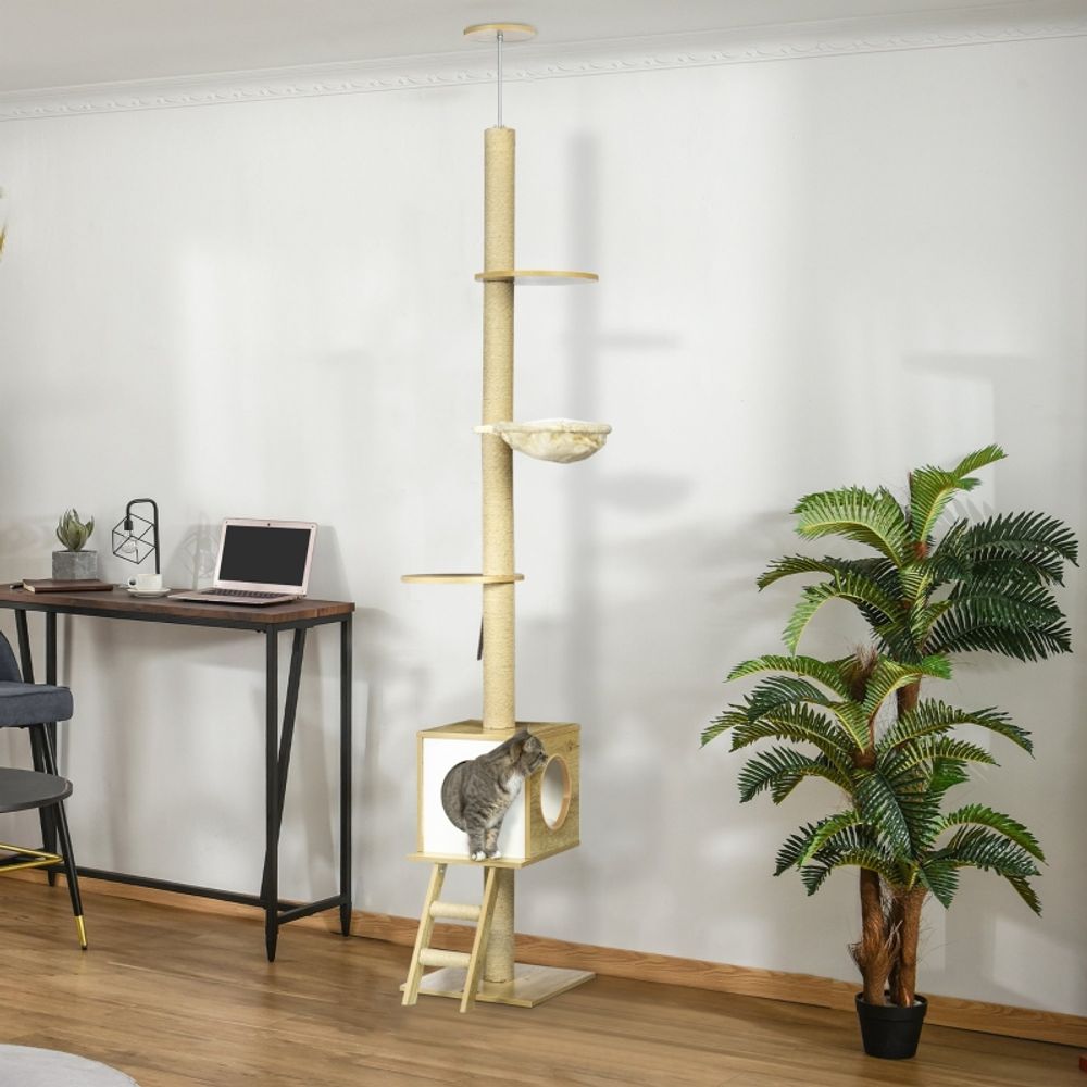 Arbre à chat plafond réglable 240-260cm jute peluche niche hamac marron - comfortxl pet living