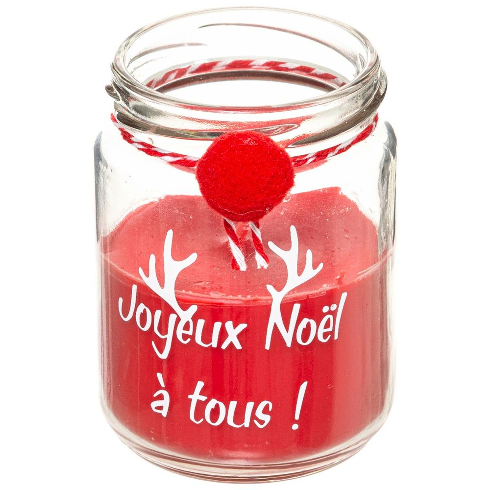 Bougie avec pompon 7x9cm 120 gr avec pot verre rouge blanc