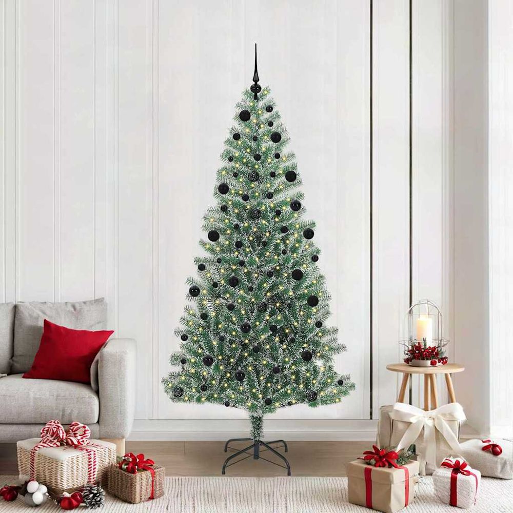 Arbre de noël artificiel floqué 2.1m avec guirlande led et 120 décorations