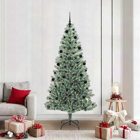 Arbre de noël artificiel floqué 2.1m avec guirlande led et 120 décorations