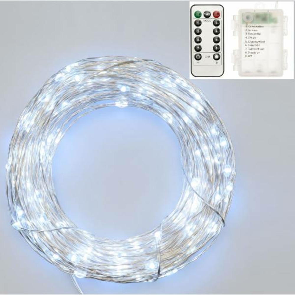 Guirlande piles 20m 200 micro led bland froid animée télécommande extérieur lotti