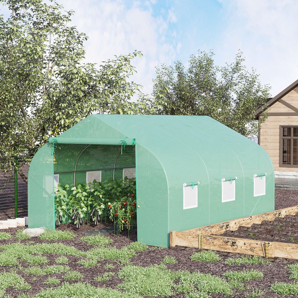 Serre tunnel pe et acier 350 x 300 x 200 cm vert foncé 6 fenêtres porte zippée - comfortxl outdoor living