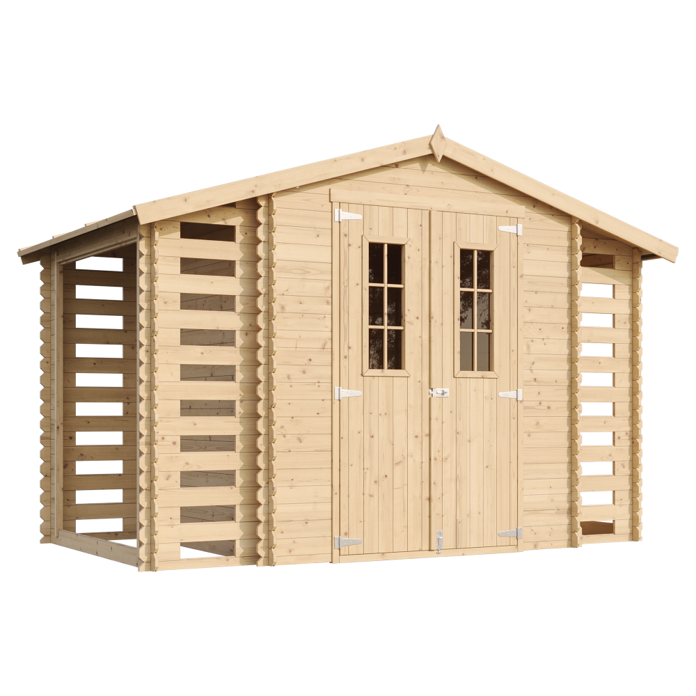Abri de jardin en bois et range bûches extérieur avec sol traité - i206xl328xh218 cm/ 3,53 + 0,97+0,97 m2 - timbela m391c+m391g