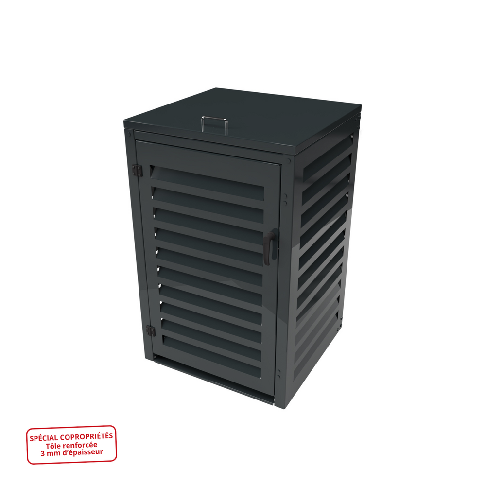 Cache poubelle simple en aluminium thermolaqué spécial copropriété (3mm) - 1x360 litres - gris anthracite