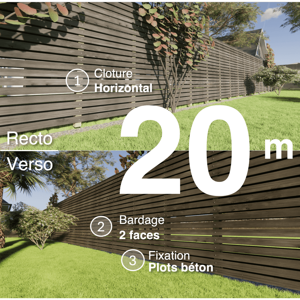 Kit clôture bois moderne 20m – h 1,9m – 20 x 70 mm noir par trempage – pose horizontal – double face – à sceller