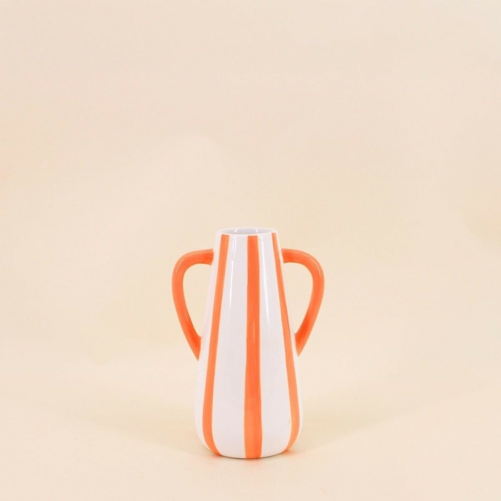 Vase en céramique rayé orange, blanc 2 anses 18cm