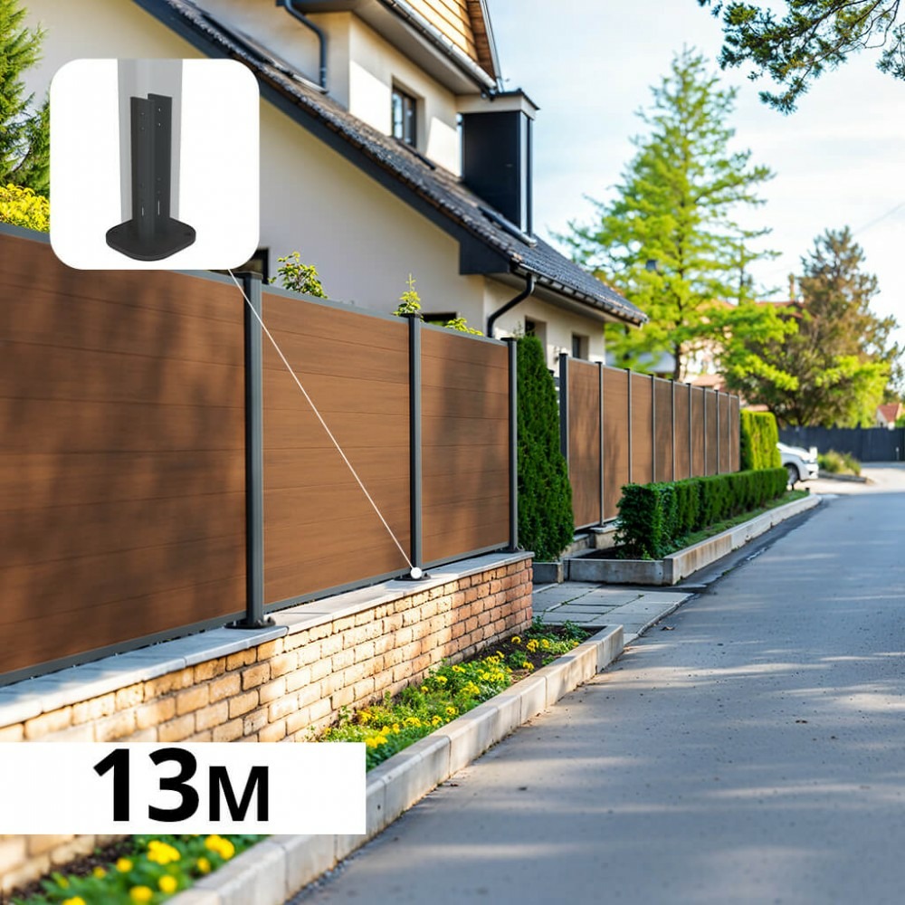 Kit clôture composite sur muret cruz teck 13x1,2m - bois composite & aluminium - poteaux sur platines gris - brise vue