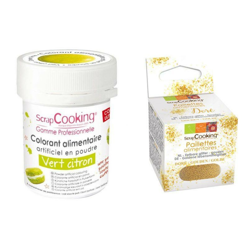 Colorant alimentaire vert citron + paillettes dorées