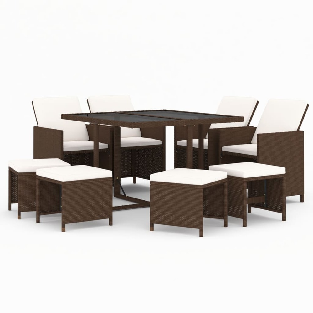 Ensemble à manger de jardin et coussins 9 pcs poly rotin marron