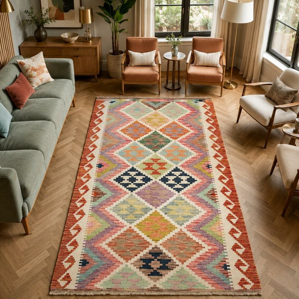 Tapis kilim 101 x 203 cm, multicolore beige et rouge, en laine, kilim 49