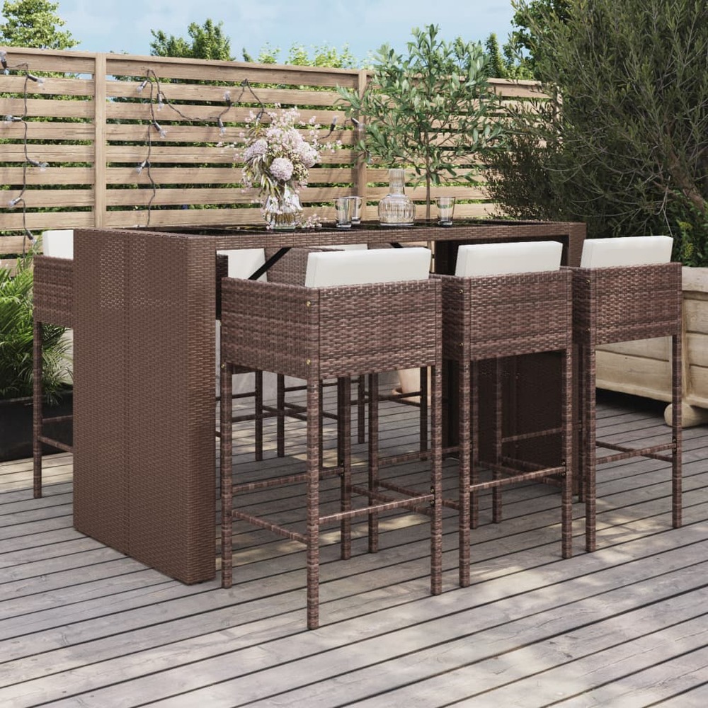 Ensemble de bar de jardin avec coussins 7 pcs marron poly rotin
