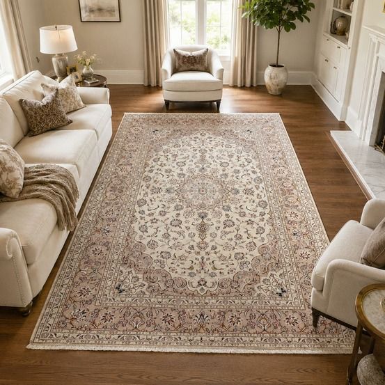 Tapis d'orient 197 x 290 cm, oriental, crème, laine nouée main, kashan 3