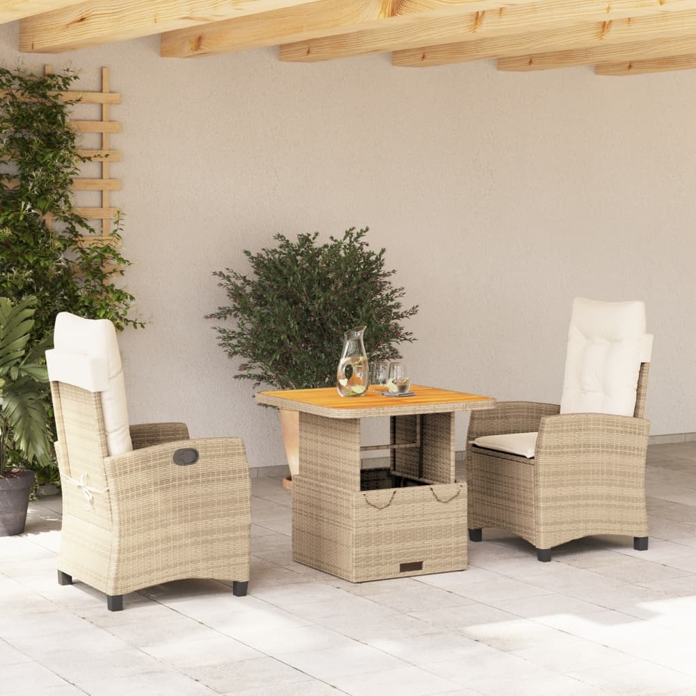 Ensemble à manger de jardin et coussins 3 pcs beige poly rotin
