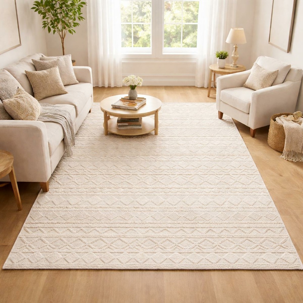 Tapis salon 160x230 tissé en laine crème rectangle motif scandinave tinca