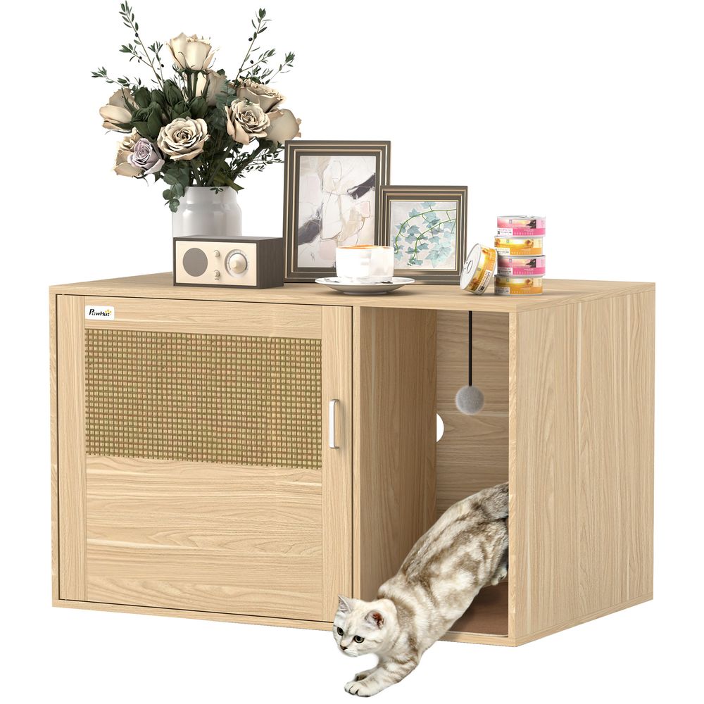 Meuble litière pour chat style bohème avec porte en rotin et griffoir finition chêne 80x50cm