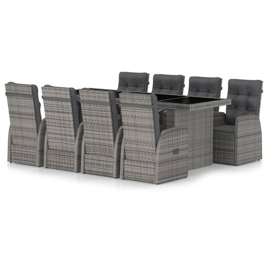 Ensemble à manger d'extérieur 9pcs coussins résine tressée gris