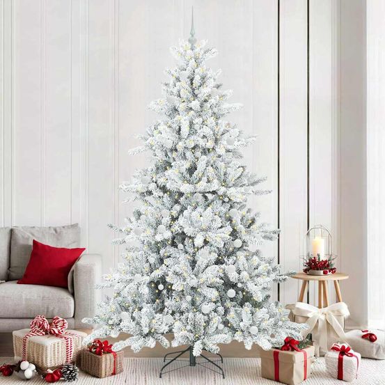Sapin de noël artificiel 240cm blanc tout-en-un : 300 led et 120 décorations