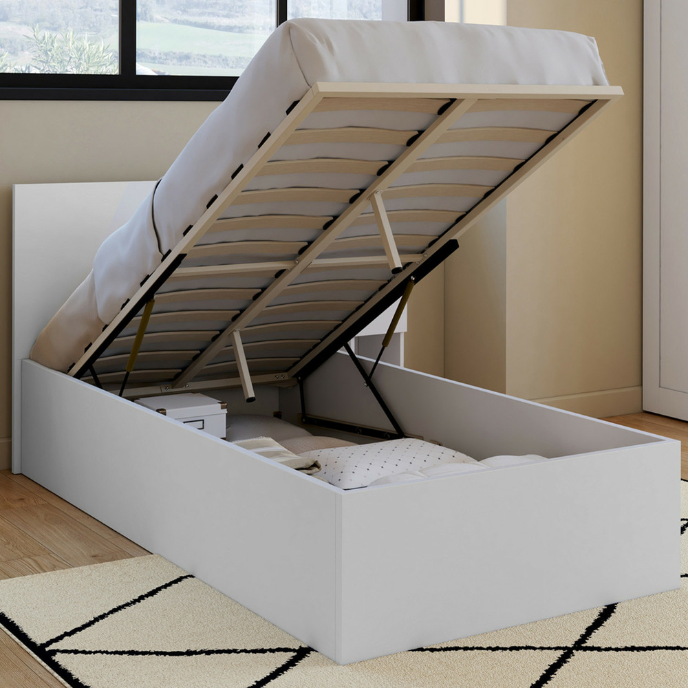 Lit coffre simple seaside avec tête de lit et sommier 90 x 190 cm blanc