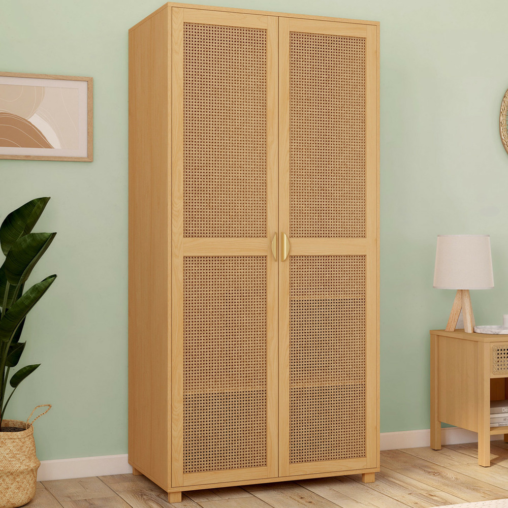 Armoire 2 portes edhen bois et cannage penderie 80 cm avec étagères rangement