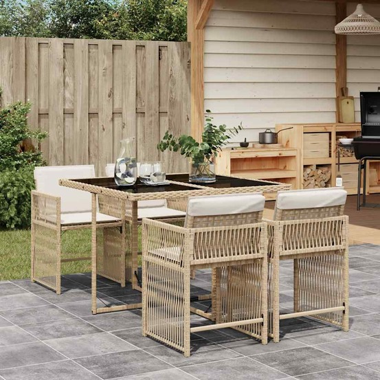 Ensemble à manger de jardin avec coussins 5pcs beige poly rotin