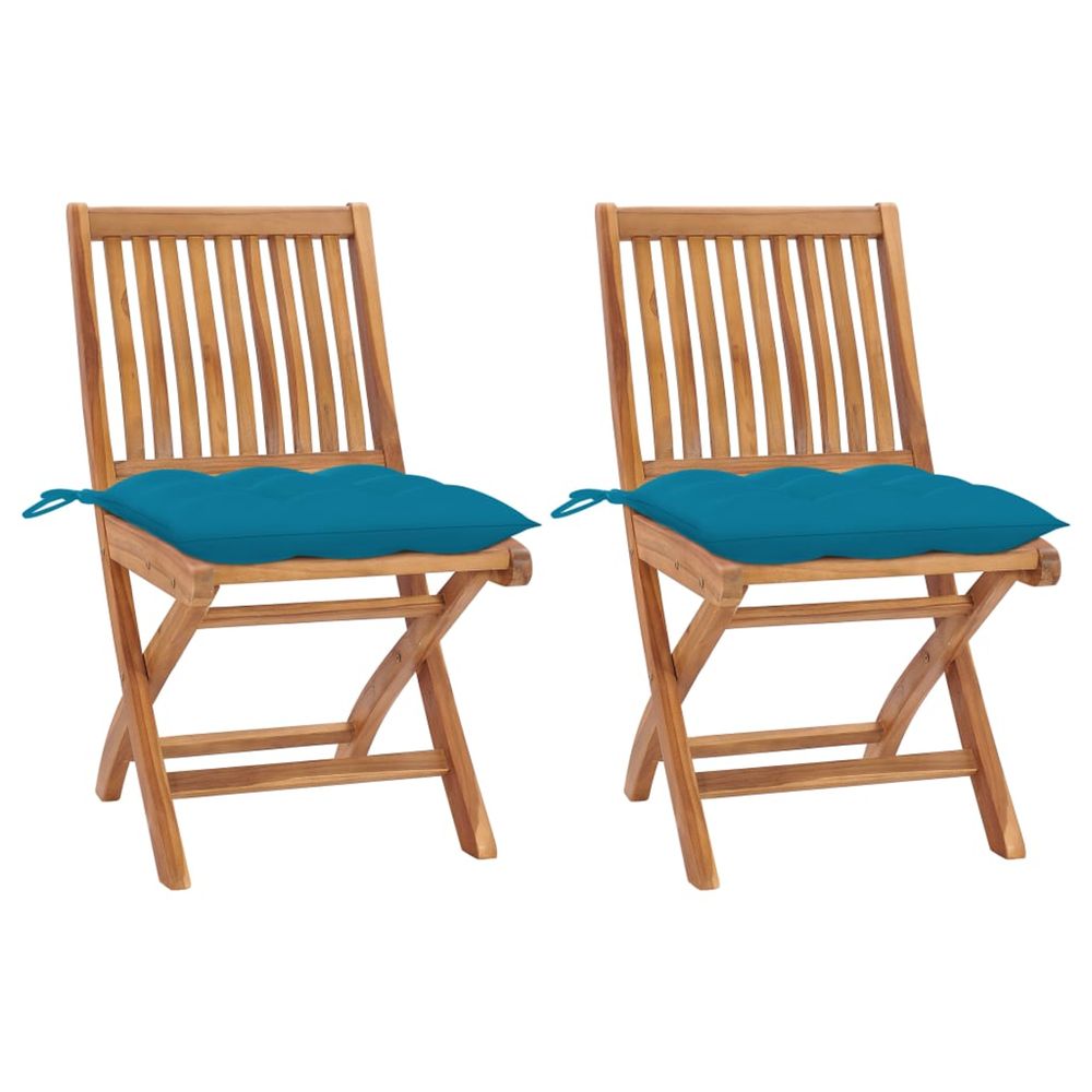 Chaises pliantes (lot de 2) avec coussins bleu clair, en bois de teck massif