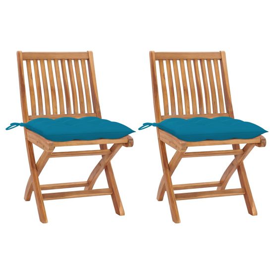 Chaises pliantes (lot de 2) avec coussins bleu clair, en bois de teck massif