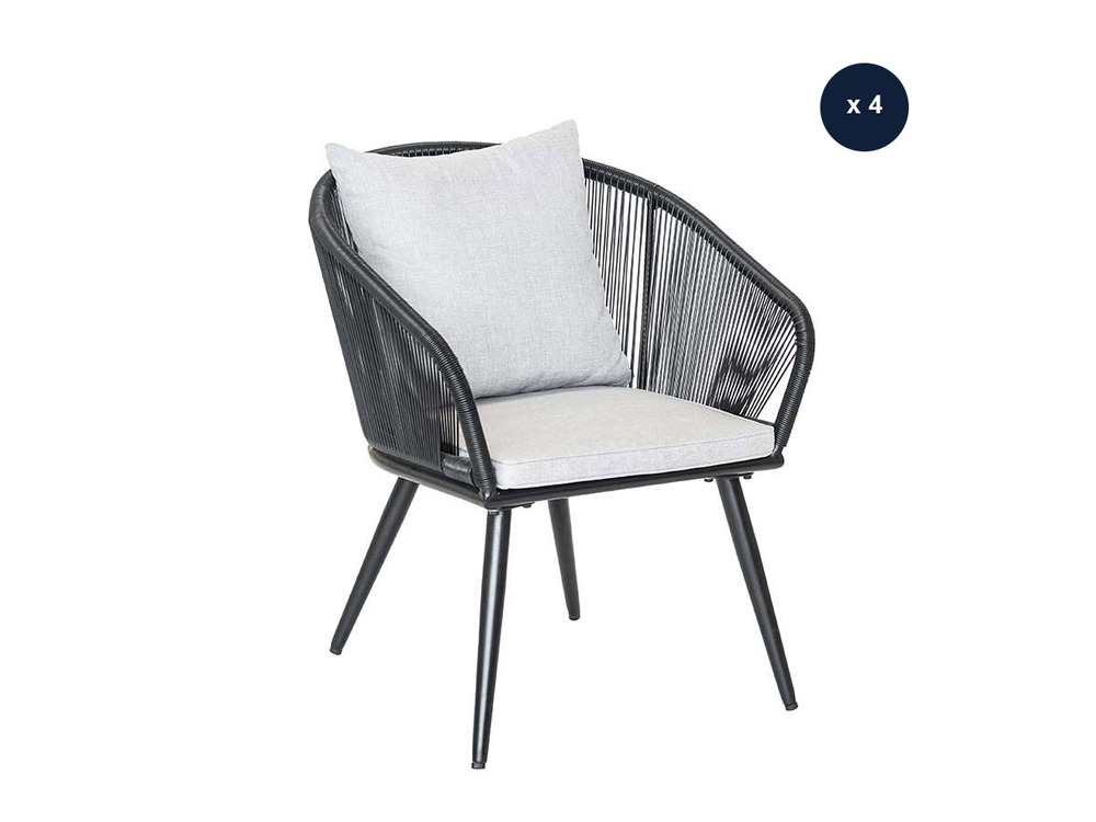 Lot de 4 fauteuil de jardin en résine tressée structure en alu noir + coussin gr
