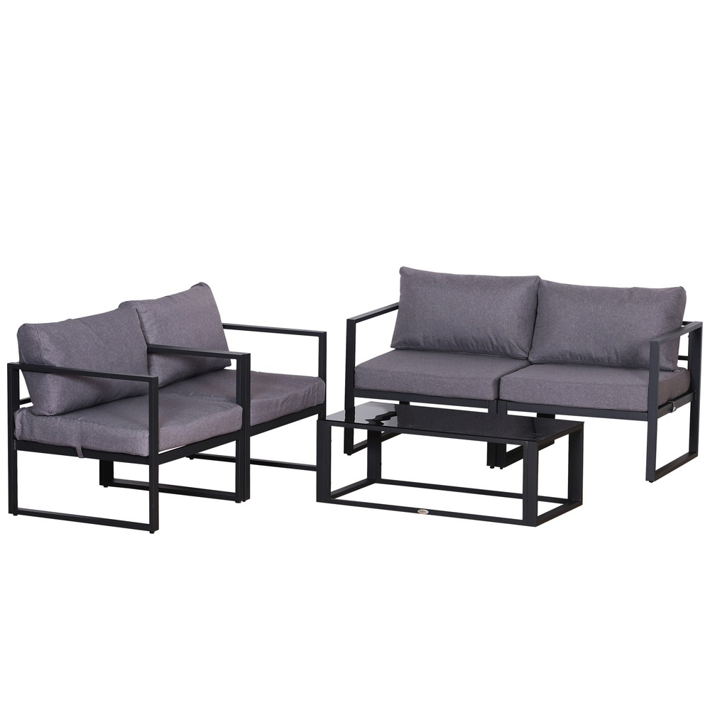 Ensemble de mobilier de jardin 4 pièces, canapé avec coussins et table avec rangement, polyester gris, 138 x 69 x 63 cm