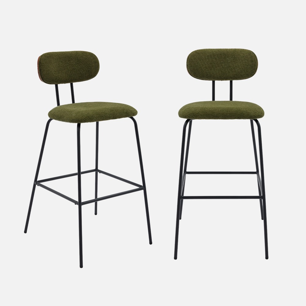 2 tabourets de bar décor bois courbé teinté noyer et tissu déperlant, pieds métal noir mat (lot de 2) - l 44 x p 51 x h 103cm - erin