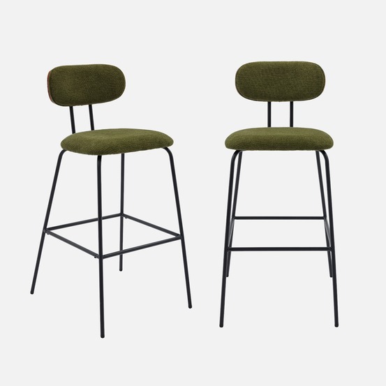 2 tabourets de bar décor bois courbé teinté noyer et tissu déperlant, pieds métal noir mat (lot de 2) - l 44 x p 51 x h 103cm - erin