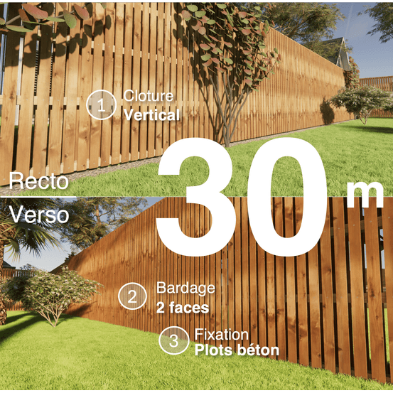 Kit clôture bois moderne 30m – h 2,3m – 20 x 70 mm autoclave marron – pose vertical – double face – à sceller