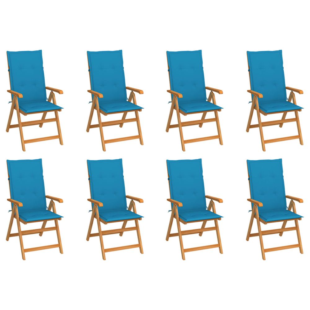 Fauteuils pliants inclinables avec coussins, 8 pièces, en teck massif