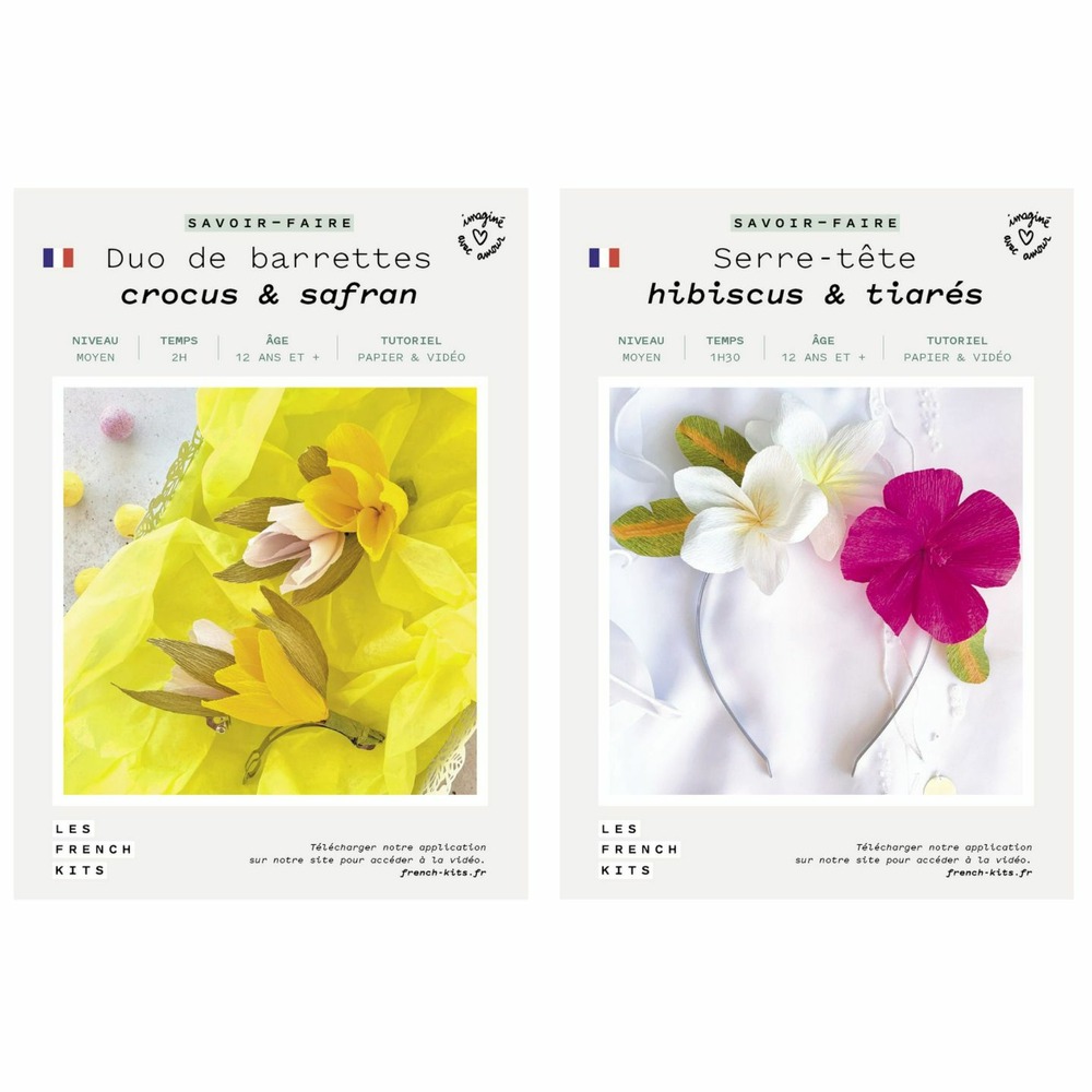 Coffret diy papier - 2 barrettes florales + 1 serre-tête floral