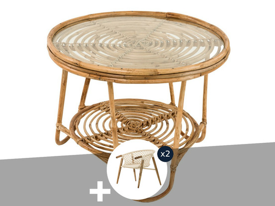 Ensemble salon de jardin bohème, 2 fauteuils en macramé + table basse