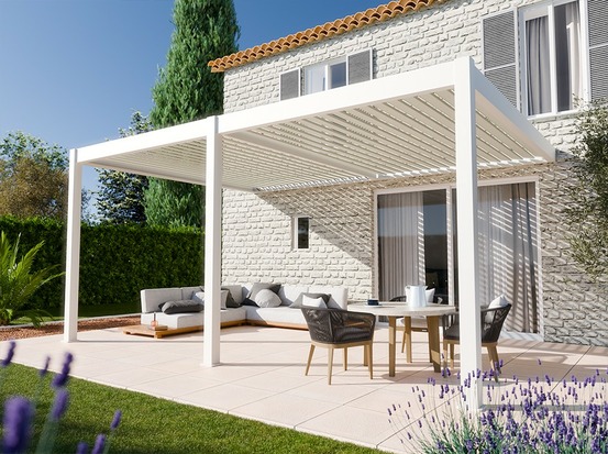 Pergola bioclimatique aluminium adossee 19m² - 3,6x5,3 - blanc - lames orientables de 0 à 120 degrés - halo 19