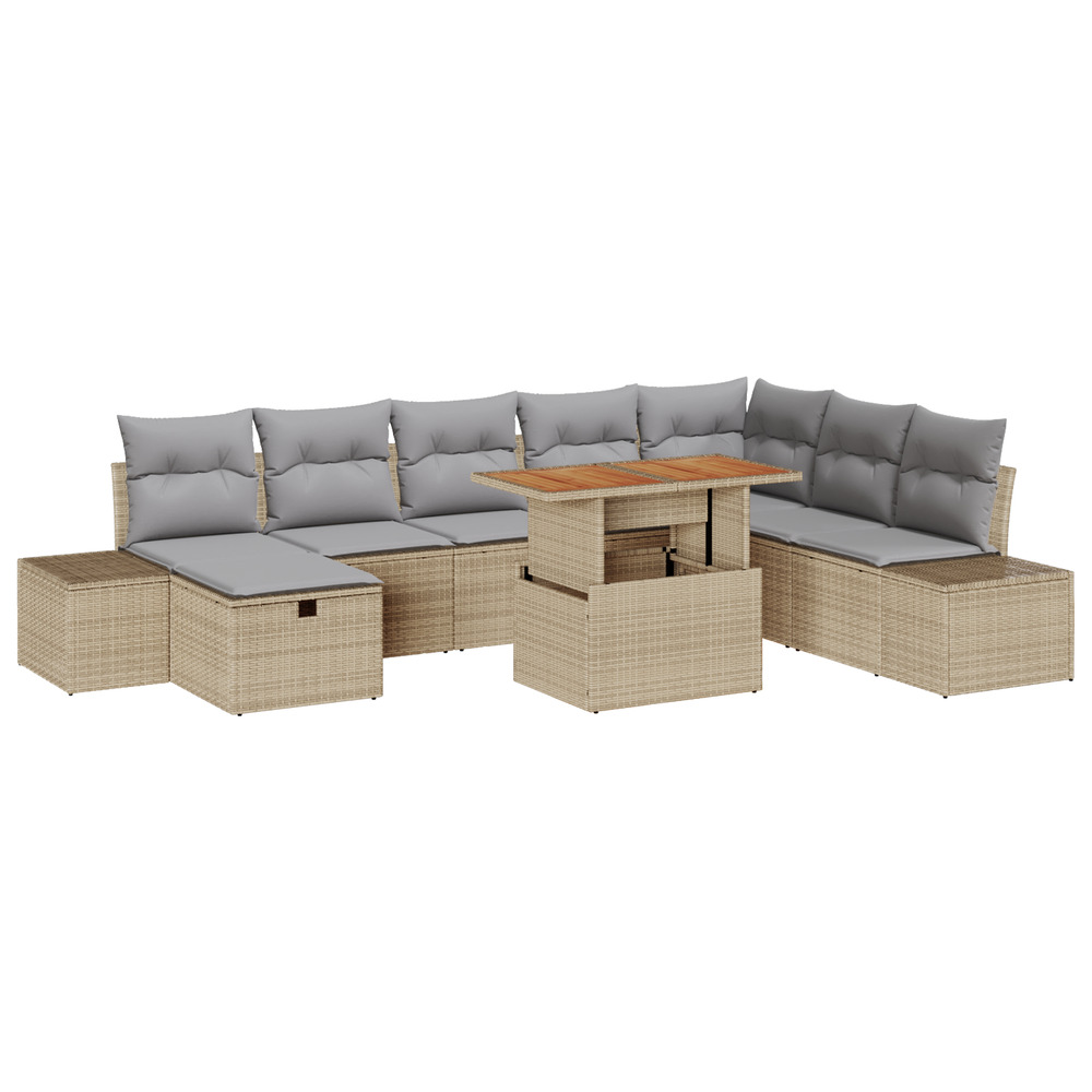 Set de salle à manger de jardin de 9 pièces avec coussins beige polyrotin acacia