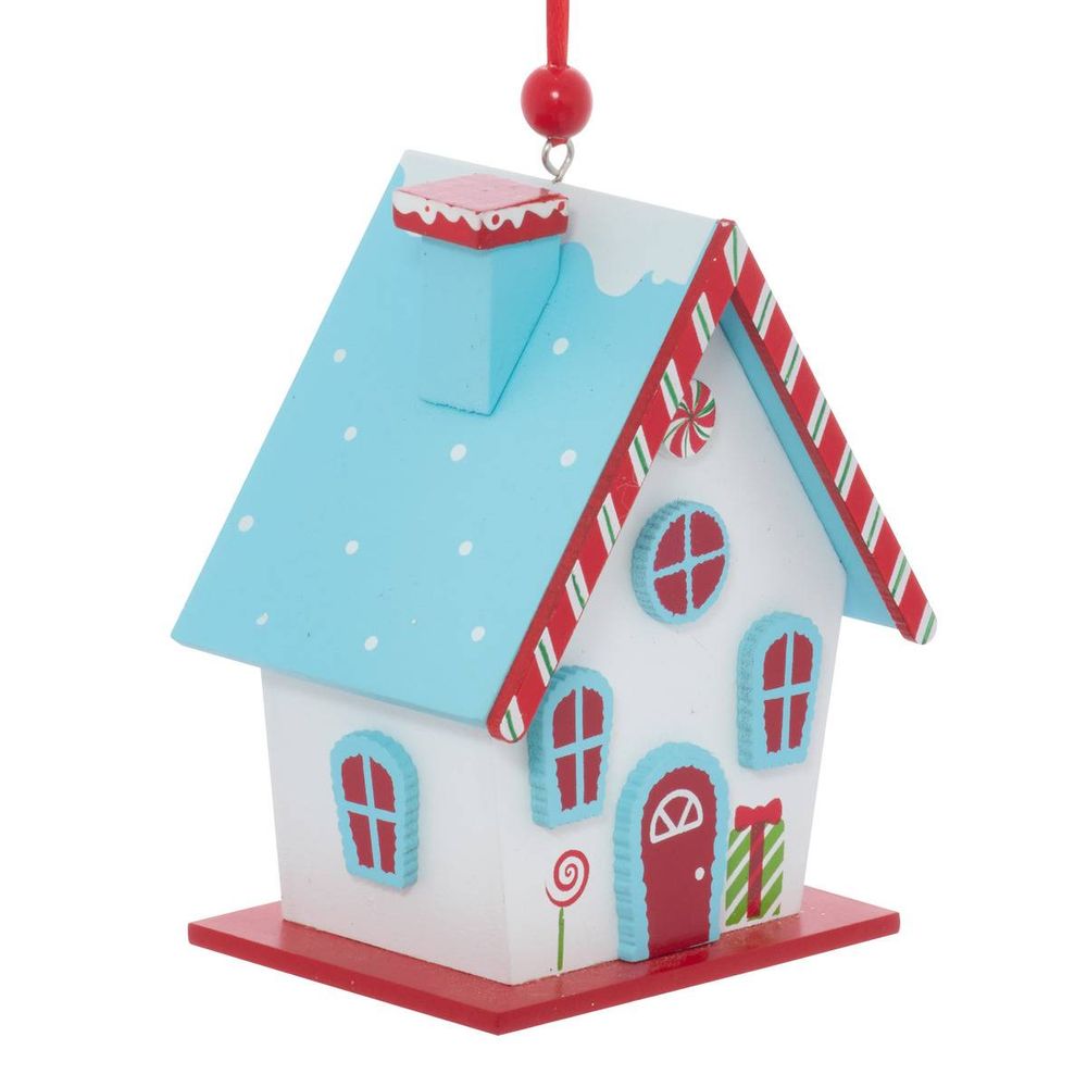 Suspension de sapin maison en bois rouge et bleu 10 cm