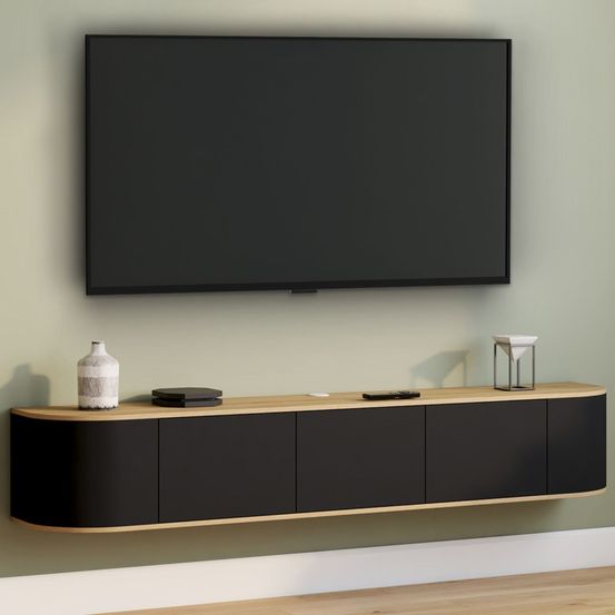 Meuble tv 180 cm suspendu leora 3 portes bois et noir