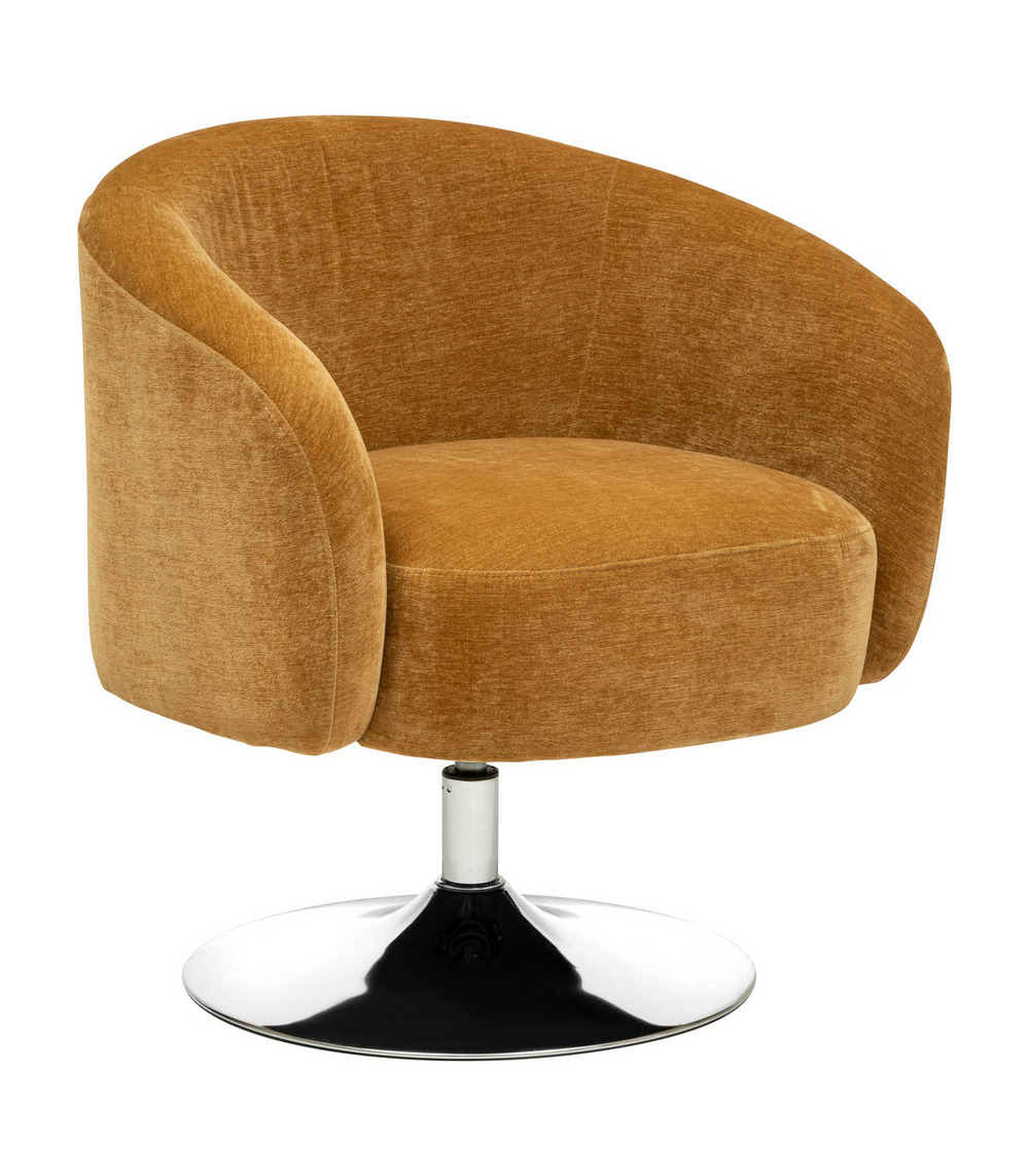 Fauteuil pivotant en tissu chenille jaune ocre et pied en métal
