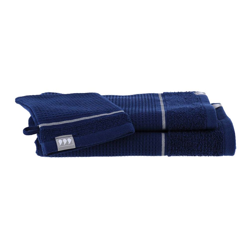 Set de 3 pieces 100% coton nid d abeille 1 gant/1 serviette 50x90 cm/1 serviette 70x130 cm - marine/argent
