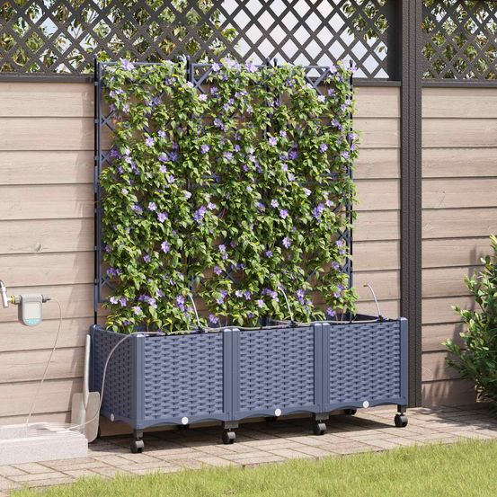 Jardinière treillis irrigation roulettes terrasse extérieur 120x40x148cm gris