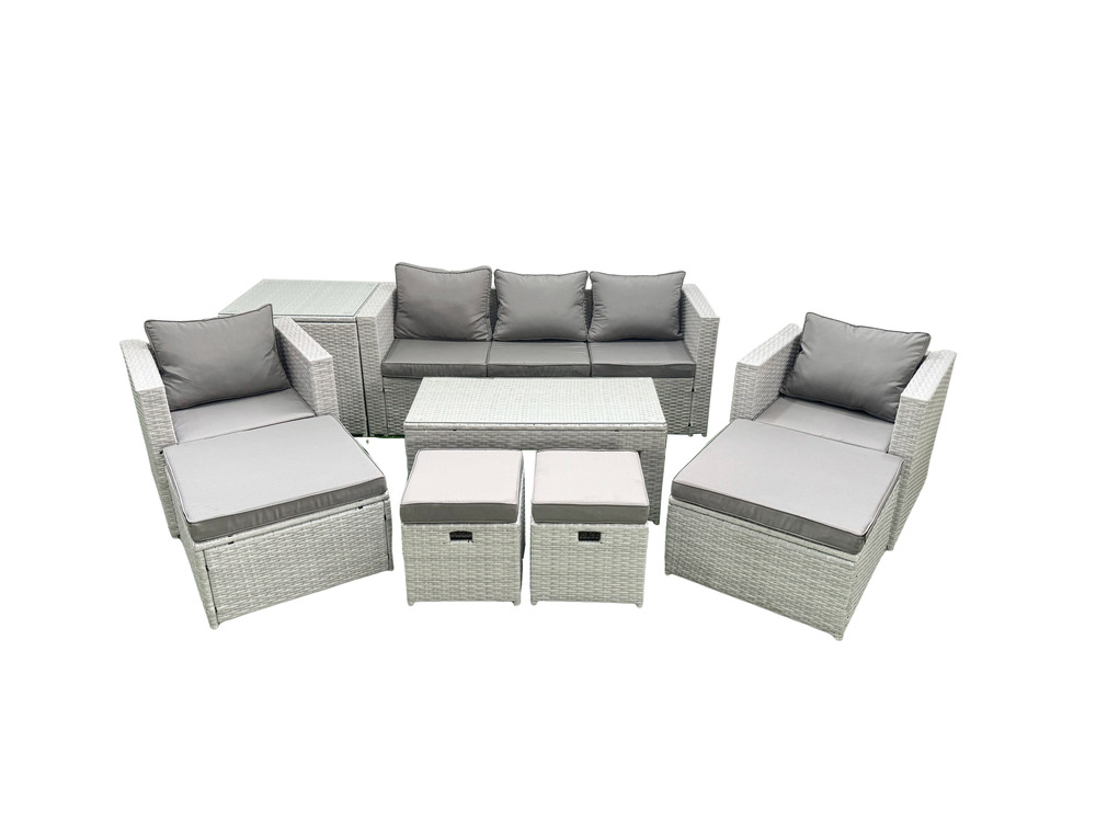 Salon de jardin ensemble avec coussins gris 9 places avec 2 chaises et table basse
