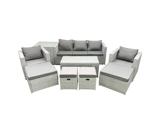 Salon de jardin ensemble avec coussins gris 9 places avec 2 chaises et table basse