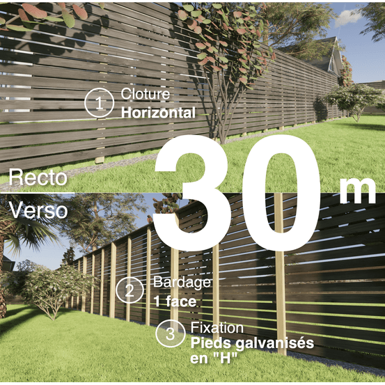 Kit clôture bois moderne 30m – h 1,9m – 20 x 70 mm noir par trempage – pose horizontal – simple face – support galva