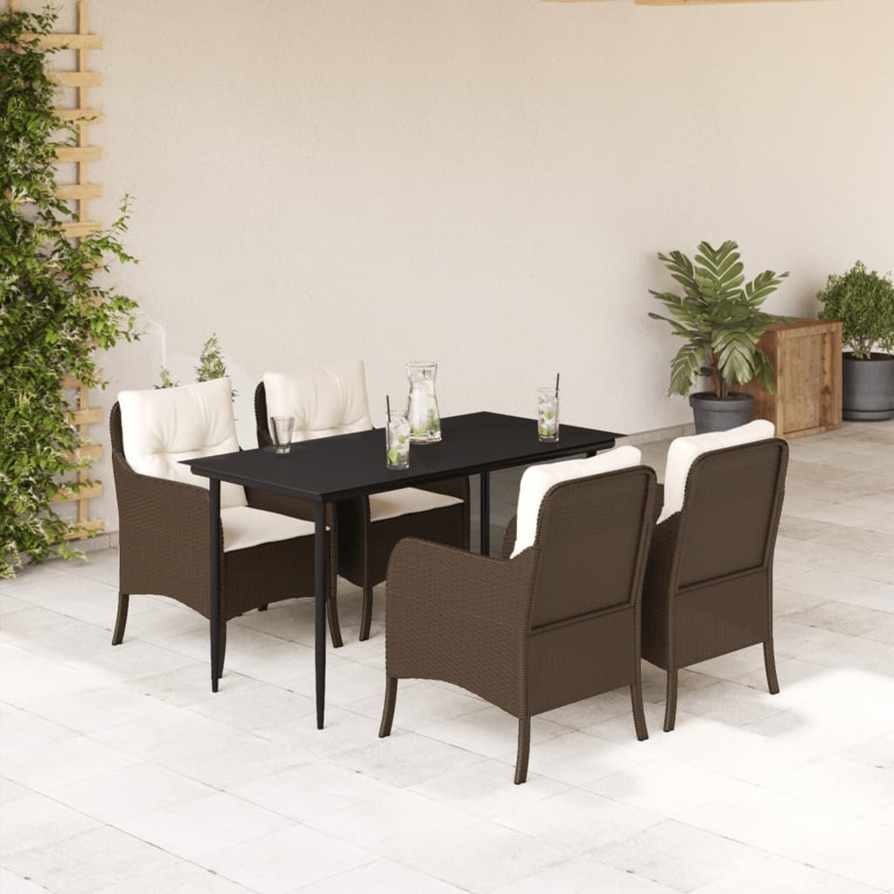 Ensemble à manger de jardin 5 pcs et coussins marron poly rotin