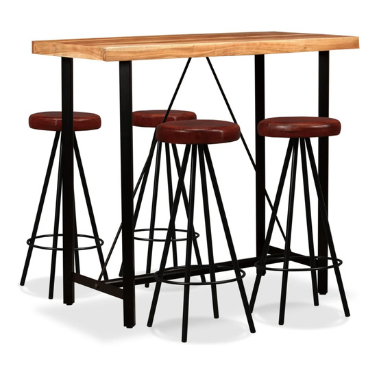 Ensemble de bar 5 pcs bois d'acacia massif et cuir véritable